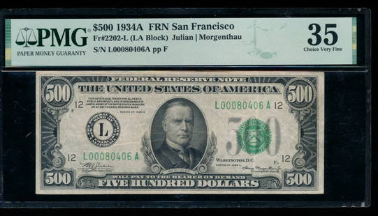 1934A $500 San Francisco FRN PMG 35: One 1934A $500 San Francisco FRN PMG 35.