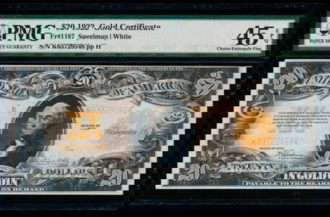 1922 $20 Gold Certificate PMG 45EPQ: One 1922 $20 Gold Certificate PMG 45EPQ.