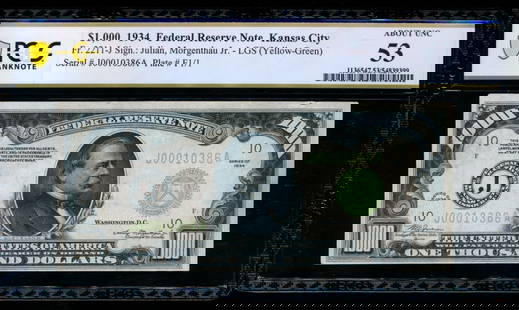 1934 $1000 Kansas City FRN PCGS 53: One 1934 $1000 Kansas City FRN PCGS 53.