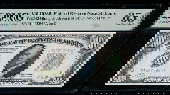 1928B $10 St Louis FRN PMG 65EPQ: One 1928B $10 St Louis FRN PMG 65EPQ.
