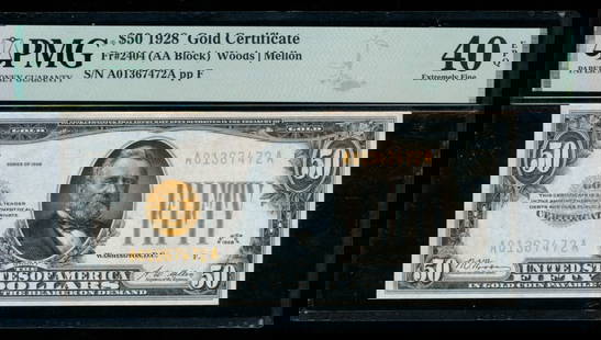 1928 $50 Gold Certificate PMG 40EPQ: One 1928 $50 Gold Certificate PMG 40EPQ.