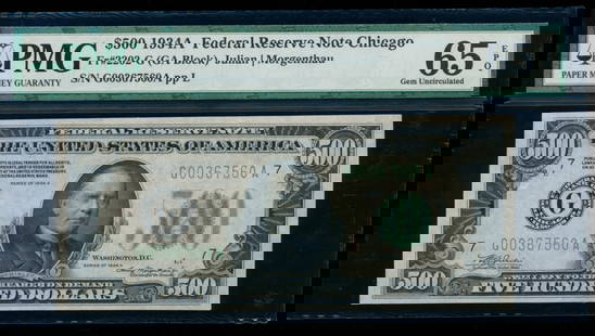 1934A $500 Chicago FRN PMG 65EPQ: One 1934A $500 Chicago FRN PMG 65EPQ.