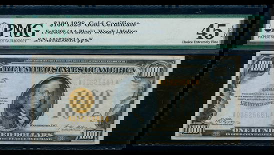 1928 $100 Gold Certificate PMG 45EPQ: One 1928 $100 Gold Certificate PMG 45EPQ.