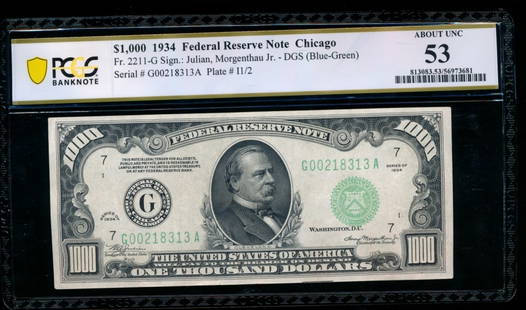 1934 $1000 Chicago FRN PCGS 53: One 1934 $1000 Chicago FRN PCGS 53.