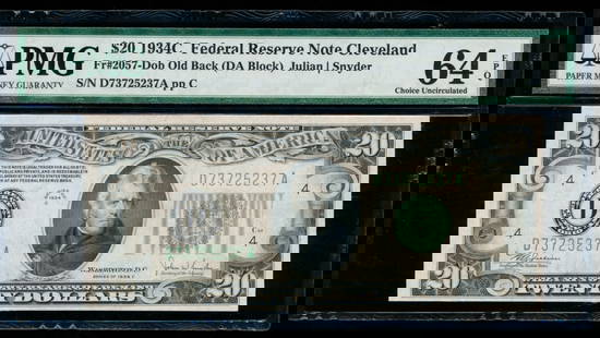 1934C $20 Cleveland FRN PMG 64EPQ: One 1934C $20 Cleveland FRN PMG 64EPQ.