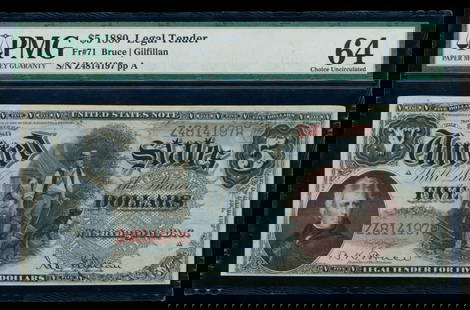 1880 $5 Legal Tender Note PMG 64: One 1880 $5 Legal Tender Note PMG 64.