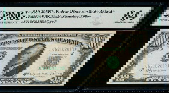1950D $10 Atlanta FRN PMG 64EPQ: One 1950D $10 Atlanta FRN PMG 64EPQ.