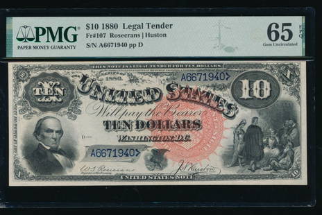 1880 $10 Jackass Legal Tender Note PMG 65EPQ: One 1880 $10 Jackass Legal Tender Note PMG 65EPQ.
