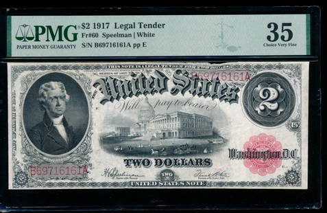 1917 $2 Legal Tender Note PMG 35: One 1917 $2 Legal Tender Note PMG 35.