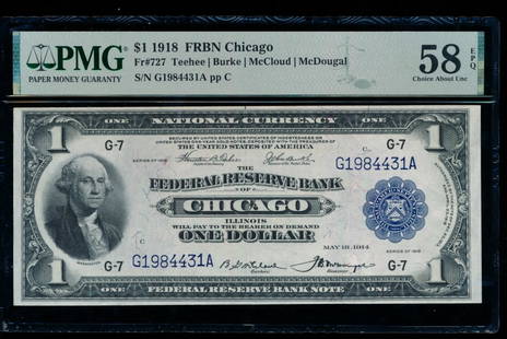 1918 $1 Chicago FRBN PMG 58EPQ: One 1918 $1 Chicago FRBN PMG 58EPQ.