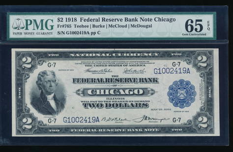 1918 $2 Chicago FRBN PMG 65EPQ: One 1918 $2 Chicago FRBN PMG 65EPQ.