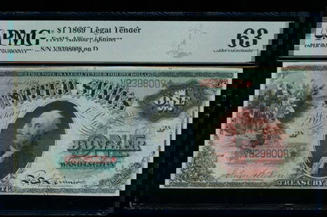 1869 $1 Rainbow Legal Tender Note PMG 63: One 1869 $1 Rainbow Legal Tender Note PMG 63.