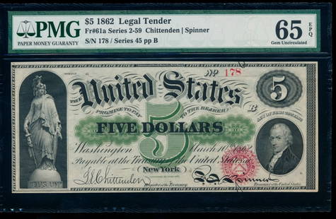 1862 $5 Legal Tender Note PMG 65EPQ: One 1862 $5 Legal Tender Note PMG 65EPQ.