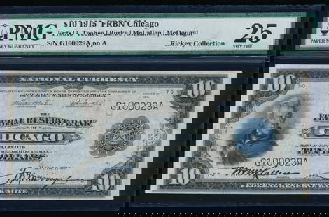 1915 $10 Chicago FRBN PMG 25: One 1915 $10 Chicago FRBN PMG 25.