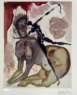 Salvador Dali Divine Comedy MINOTAUR Facsimile Signed Numbered Giclee: This is a limited edition giclee titled The Minotaur as Inferno #12 from the Divine Comedy suite. This piece is facsimile signed on the lower right. Pencil numbered from an edition of 375. Paper measu