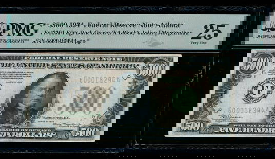 1934 $500 Atlanta FRN PMG 25: One 1934 $500 Atlanta FRN PMG 25.