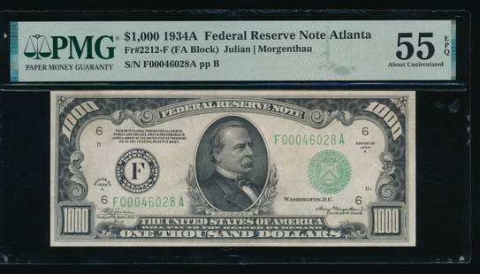 1934A $1000 Atlanta FRN PMG 55EPQ: One 1934A $1000 Atlanta FRN PMG 55EPQ.