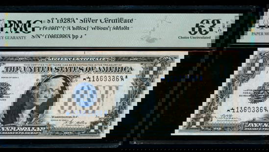 1928A $1 STAR Silver Certificate PMG 63EPQ: One 1928A $1 STAR Silver Certificate PMG 63EPQ.
