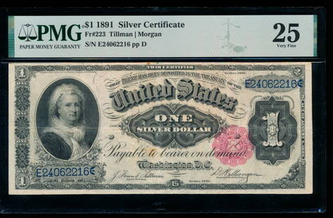 1891 $1 Martha Washington Silver Certificate PMG 25: One 1891 $1 Martha Washington Silver Certificate PMG 25.