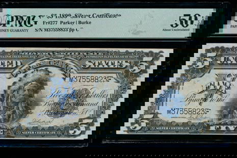 1899 $5 Chief Silver Certificate PMG 50EPQ: One 1899 $5 Chief Silver Certificate PMG 50EPQ.
