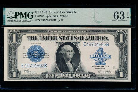 1923 $1 Silver Certificate PMG 63EPQ: One 1923 $1 Silver Certificate PMG 63EPQ.