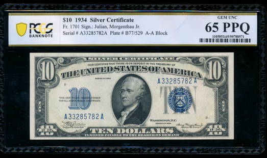 1934 $10 Silver Certificate PCGS 65PPQ: One 1934 $10 Silver Certificate PCGS 65PPQ.