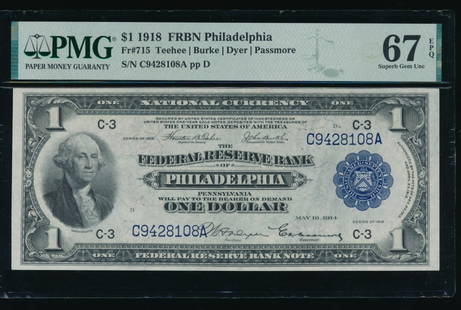 1918 $1 Philadelphia FRBN PMG 67EPQ: One 1918 $1 Philadelphia FRBN PMG 67EPQ.
