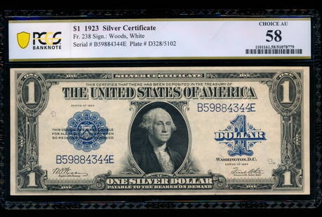 1923 $1 Silver Certificate PCGS 58: One 1923 $1 Silver Certificate PCGS 58.