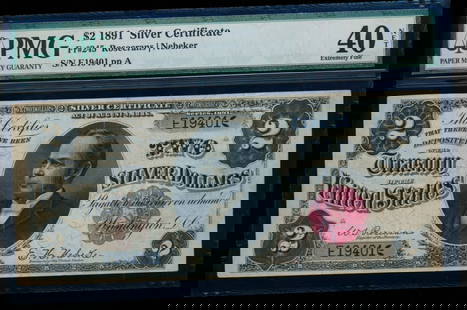 1891 $2 Silver Certificate PMG 40NET: One 1891 $2 Silver Certificate PMG 40NET.