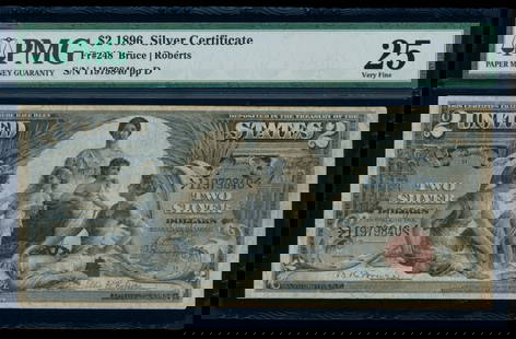 1896 $2 Educational Silver Certificate PMG 25: One 1896 $2 Educational Silver Certificate PMG 25.