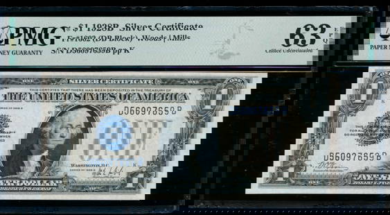 1928B $1 Silver Certificate PMG 63EPQ: One 1928B $1 Silver Certificate PMG 63EPQ.