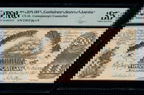 1861 $20 CT-18 Confederate PMG 35EPQ: One 1861 $20 CT-18 Confederate PMG 35EPQ.