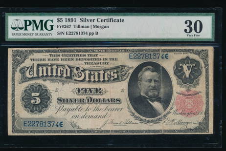 1891 $5 Silver Certificate PMG 30: One 1891 $5 Silver Certificate PMG 30.