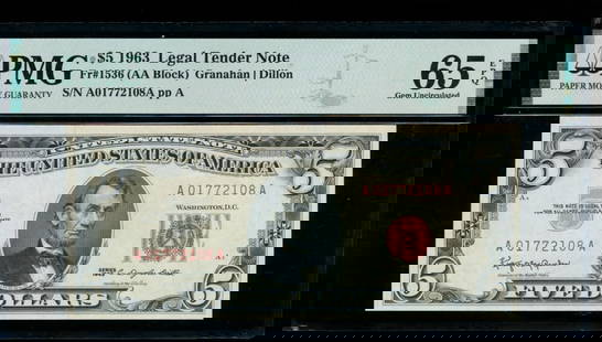 1963 $5 Legal Tender Note PMG 65EPQ: One 1963 $5 Legal Tender Note PMG 65EPQ.