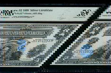 1899 $2 Mini Porthole Silver Certificate PMG 58EPQ: One 1899 $2 Mini Porthole Silver Certificate PMG 58EPQ.