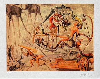 Salvador Dali BACCHUS WAGON Facsimile Signed Numbered Giclee: This is a limited edition giclee titled BACCHUS WAGON by Salvador Dali. This piece is facsimile signed on the lower right. Pencil numbered from an edition of 375. Paper measures 12 inches x 16 inches.