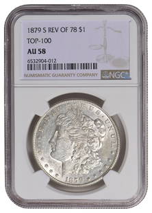 1879-S $1 Morgan Silver Dollar NGC AU58: One 1879-S $1 Morgan Silver Dollar NGC AU58.