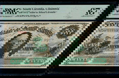 1872 $50 Columbia SC Obsolete Note PMG 67EPQ: One 1872 $50 Columbia SC Obsolete Note PMG 67EPQ.