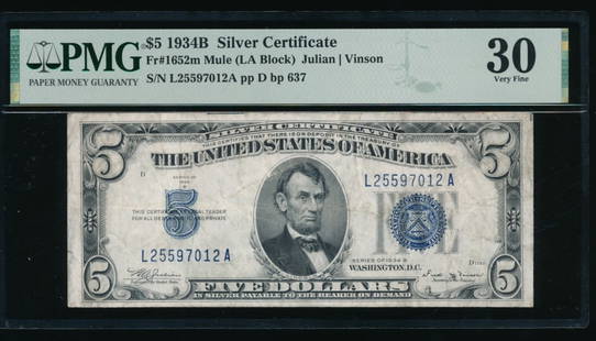 1934B $5 Silver Certificate PMG 30: One 1934B $5 Silver Certificate PMG 30.