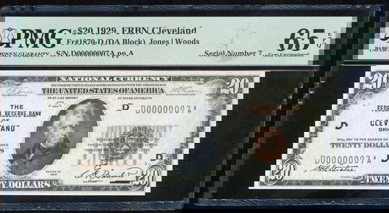 1929 $20 Serial 7 Cleveland FRBN PMG 65EPQ: One 1929 $20 Serial 7 Cleveland FRBN PMG 65EPQ.