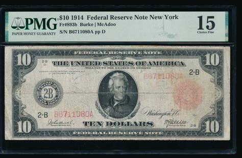 1914 $10 Red Seal New York FRN PMG 15: One 1914 $10 Red Seal New York FRN PMG 15.