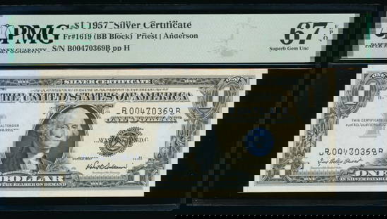 1957 $1 Silver Certificate PMG 67EPQ: One 1957 $1 Silver Certificate PMG 67EPQ.