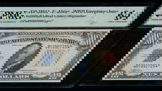 1934A $10 N Africa Silver Certificate PMG 64EPQ: One 1934A $10 N Africa Silver Certificate PMG 64EPQ.