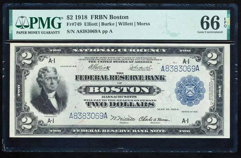 1918 $2 Boston FRBN PMG 66EPQ: One 1918 $2 Boston FRBN PMG 66EPQ.