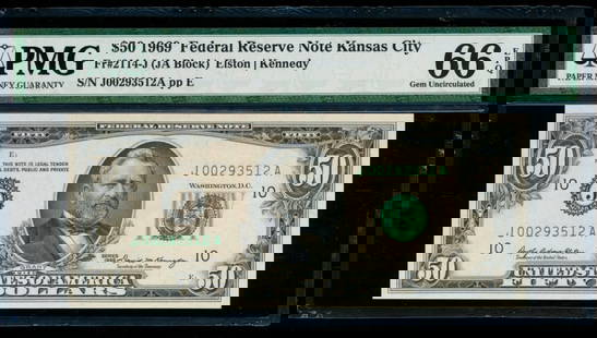 1969 $5 Kansas City FRN PMG 66EPQ: One 1969 $5 Kansas City FRN PMG 66EPQ.