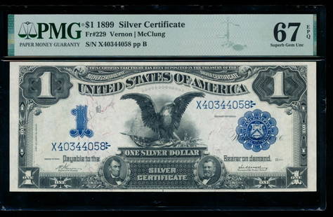 1899 $1 Black Eagle Silver Certificate PMG 67EPQ: One 1899 $1 Black Eagle Silver Certificate PMG 67EPQ.