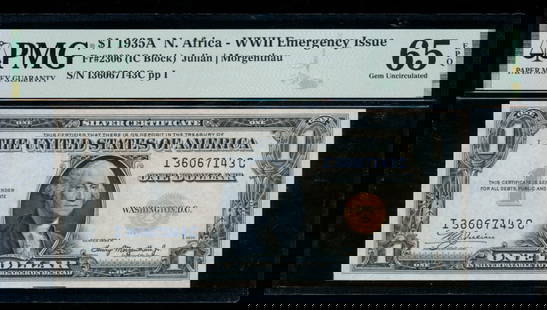 1935A $1 N Africa Silver Certificate PMG 65EPQ: One 1935A $1 N Africa Silver Certificate PMG 65EPQ.
