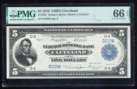1918 $5 Cleveland FRBN PMG 66EPQ: One 1918 $5 Cleveland FRBN PMG 66EPQ.
