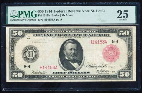 1914 $50 Red Seal St Louis FRN PMG 25: One 1914 $50 Red Seal St Louis FRN PMG 25.