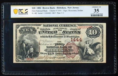 1882 $10 Hoboken NJ National PCGS 35: One 1882 $10 Hoboken NJ National PCGS 35.